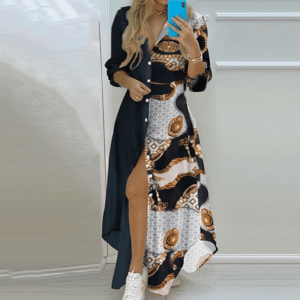 Elegant Whitney Women's Long Dress with Leaf Print and Slit Rebooters Maxi Women's Dresses