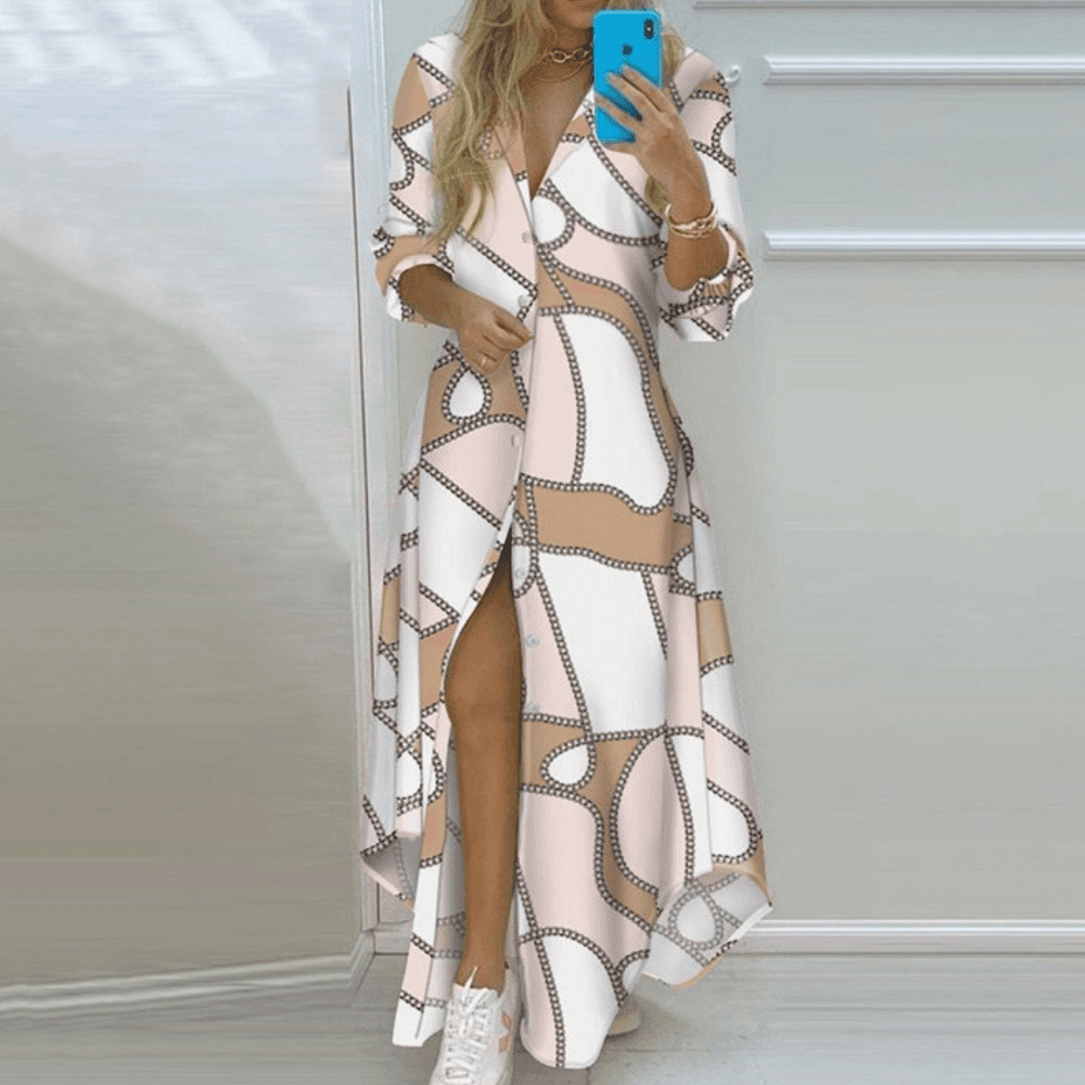 Elegant Whitney Women's Long Dress with Leaf Print and Slit Rebooters Maxi Women's Dresses