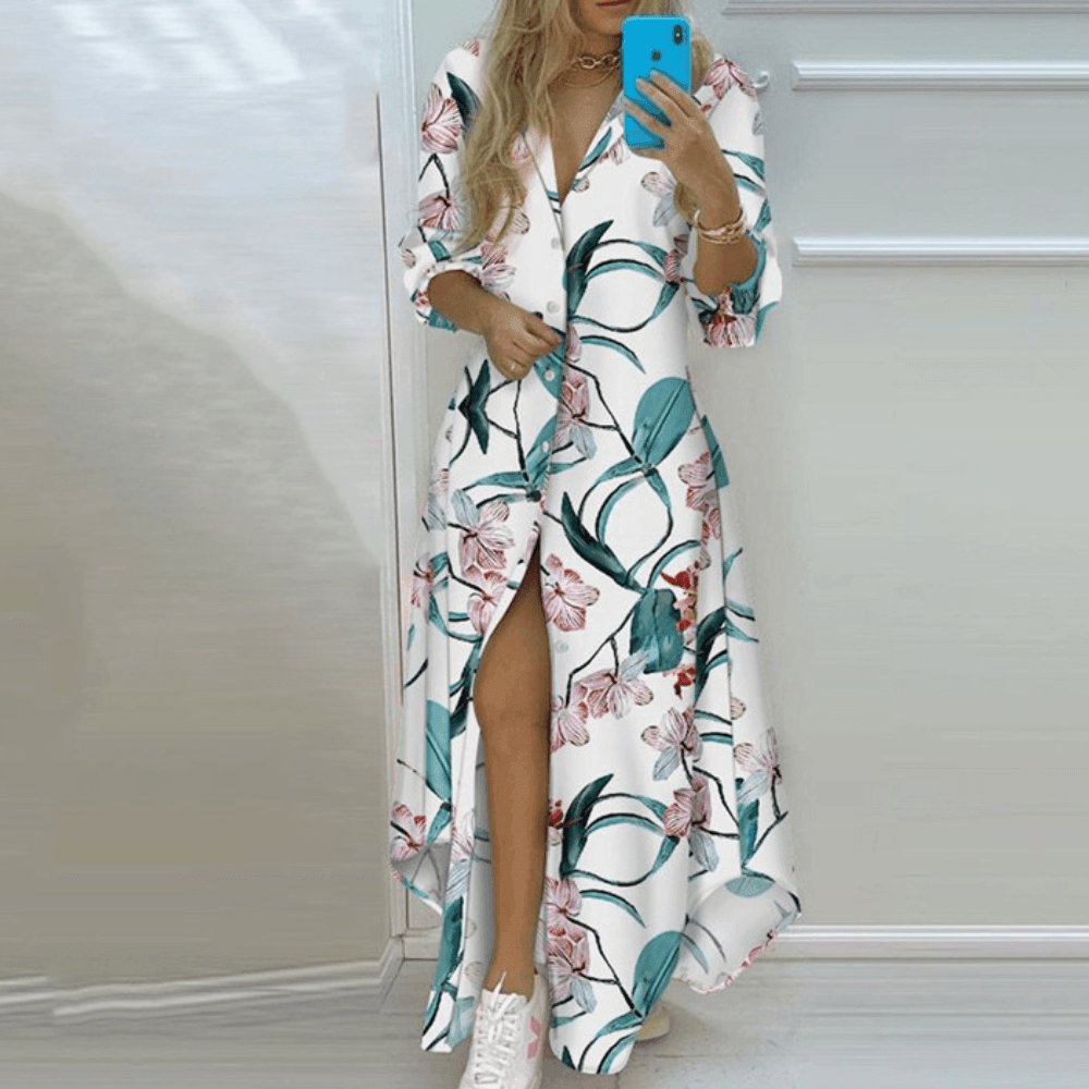 Elegant Whitney Women's Long Dress with Leaf Print and Slit Rebooters Maxi Women's Dresses