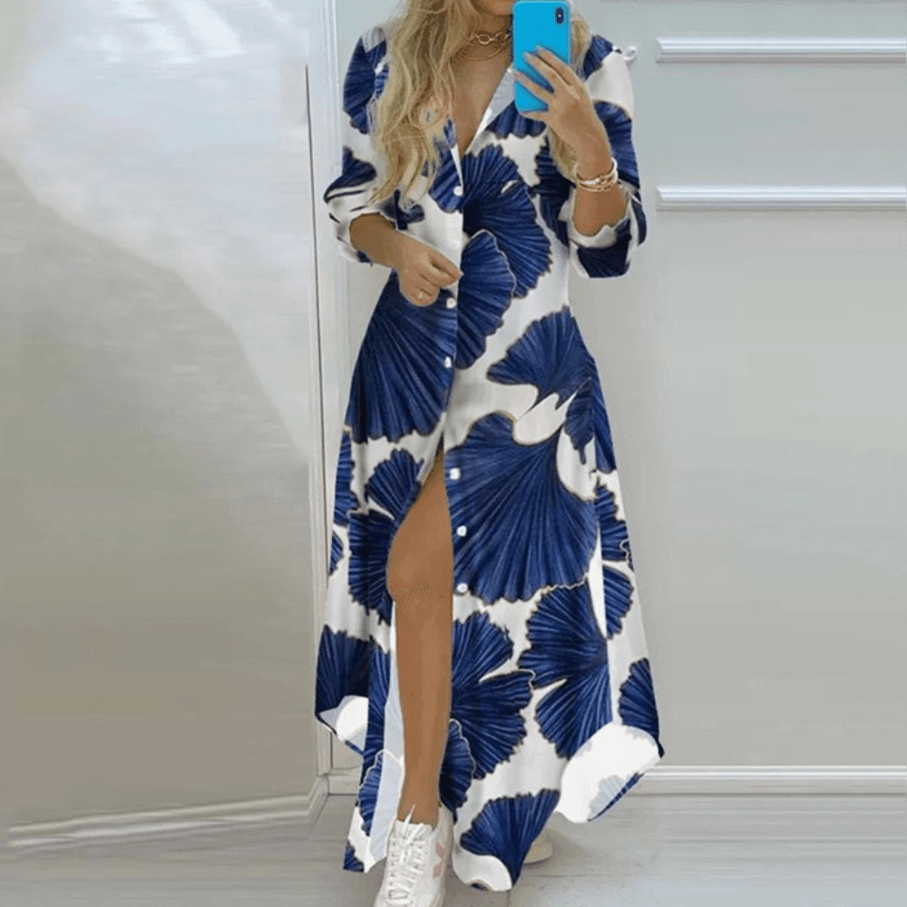 Elegant Whitney Women's Long Dress with Leaf Print and Slit Rebooters Maxi Women's Dresses