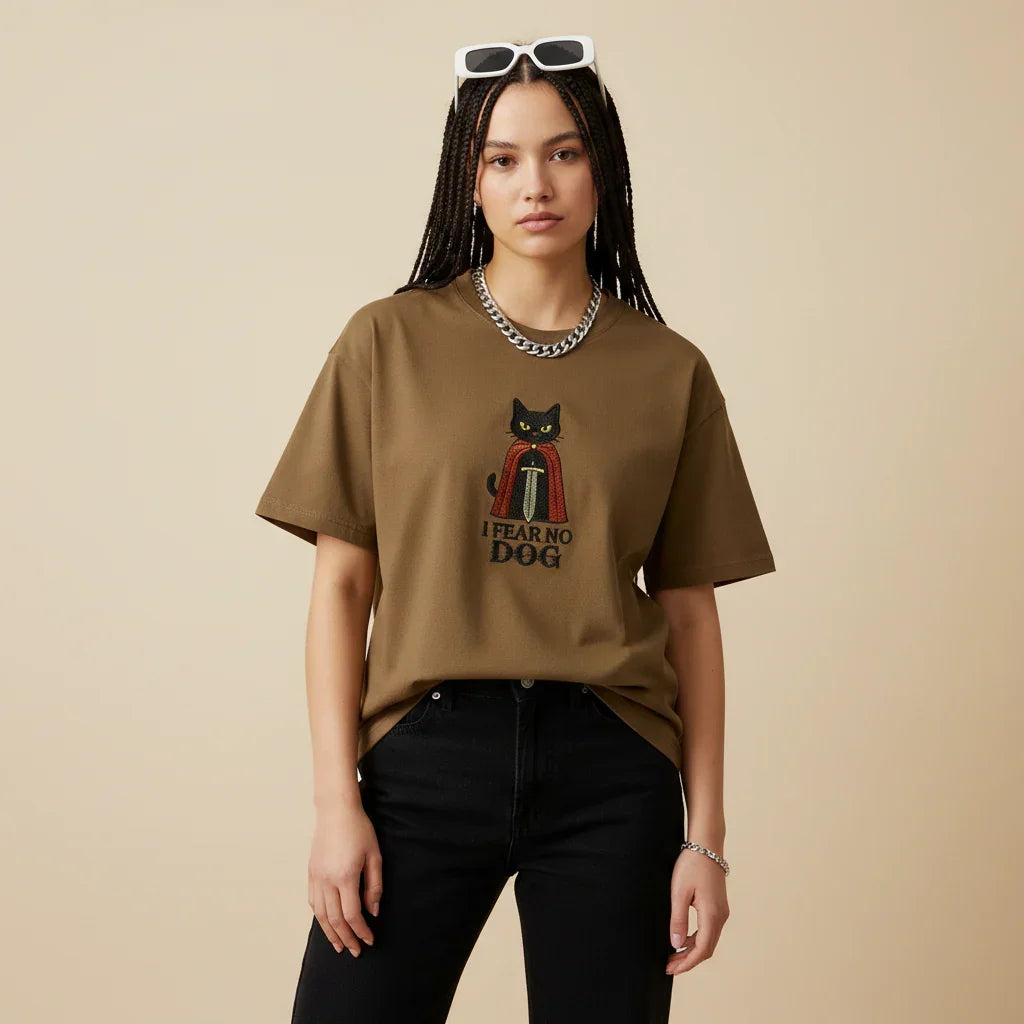 Cat Knight “I Fear No Dog” Embroidered T-Shirt | Rebooters