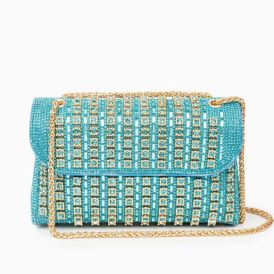 Turquoise rhinestone clutch bag with gold chain strap and geometric crystal design