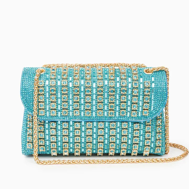 Turquoise rhinestone clutch bag with gold chain strap and geometric crystal design