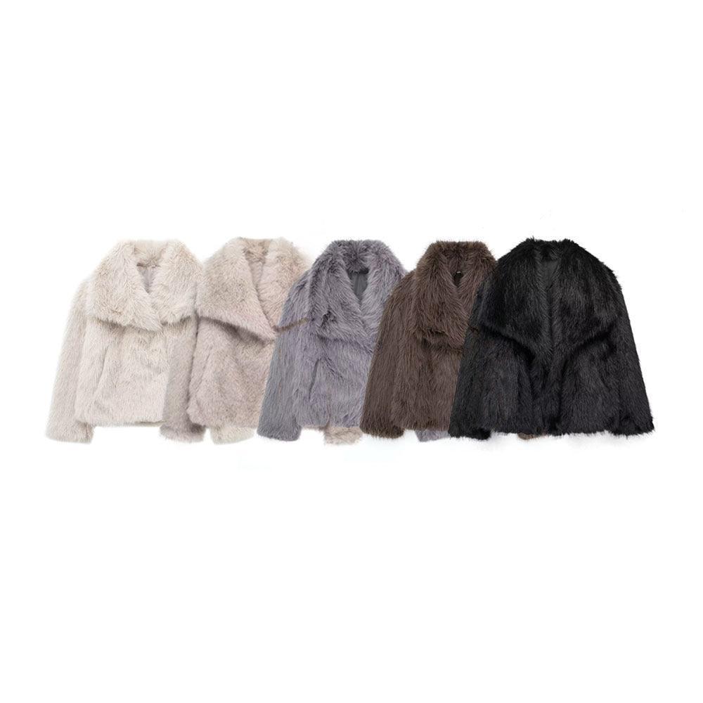 Chic Oversized Faux Fur Lapel Jacket Cozy Crop Coat Women - Womens Jackets Rebooters