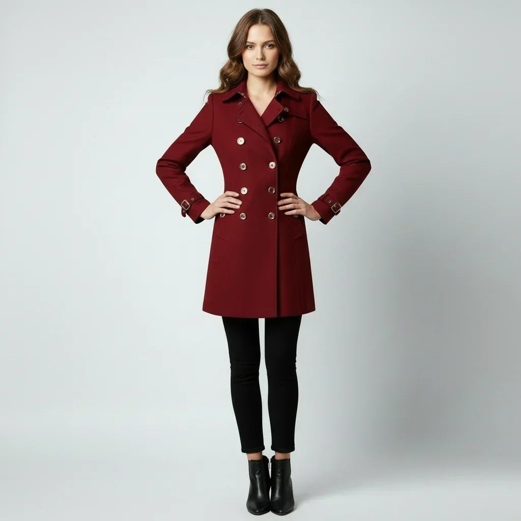 Woman wearing a red coat on a gray background