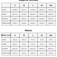 Custom hoodie size chart with imperial and metric measurements.