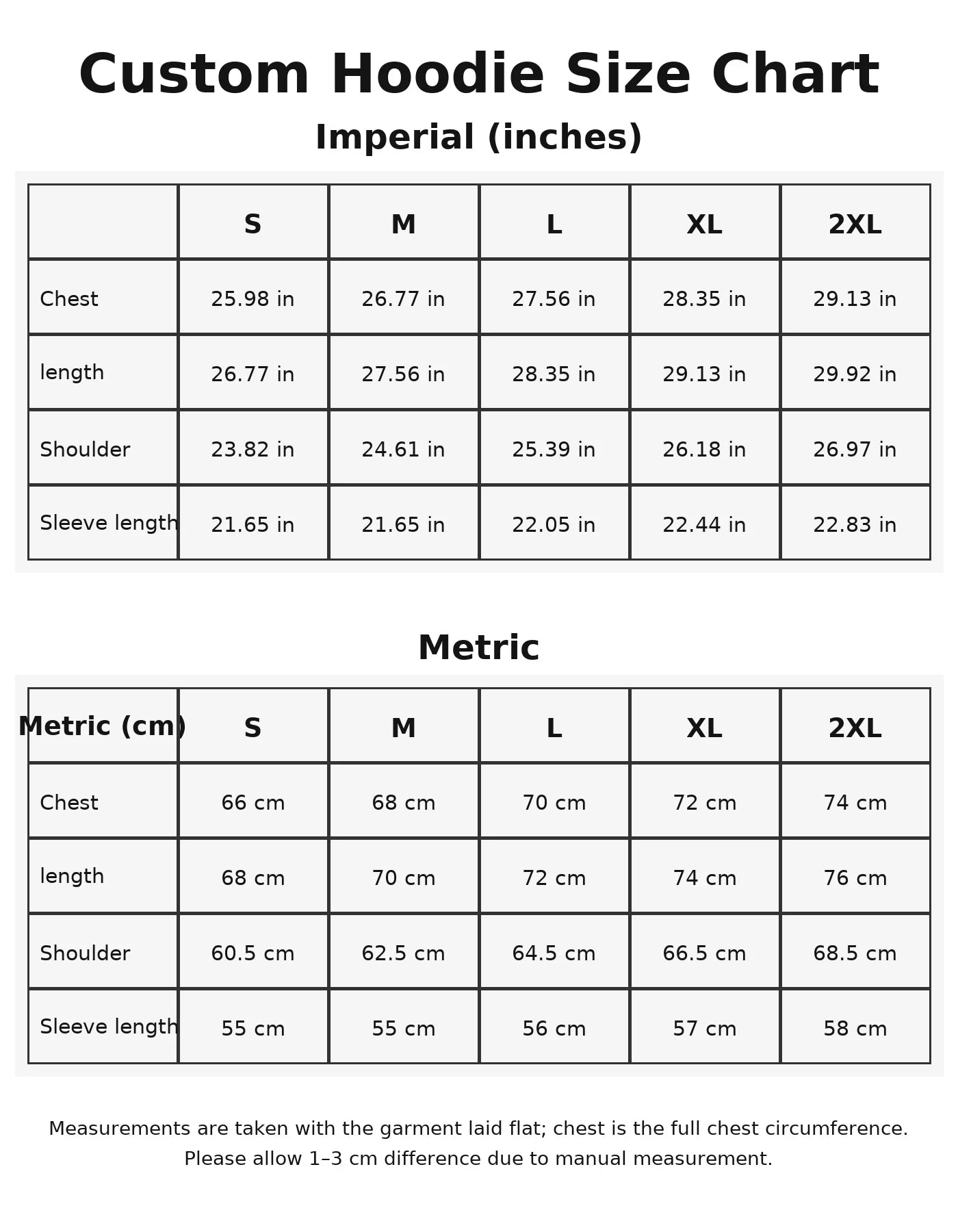 Custom hoodie size chart with imperial and metric measurements.