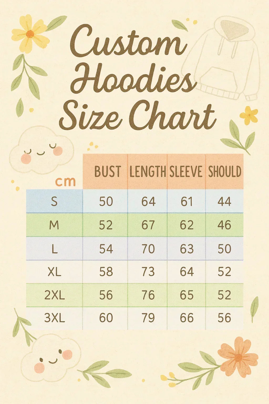 Custom hoodies size chart with floral decorations on a beige background