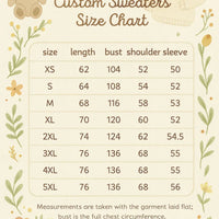 Custom sweaters size chart with floral decorations on a beige background