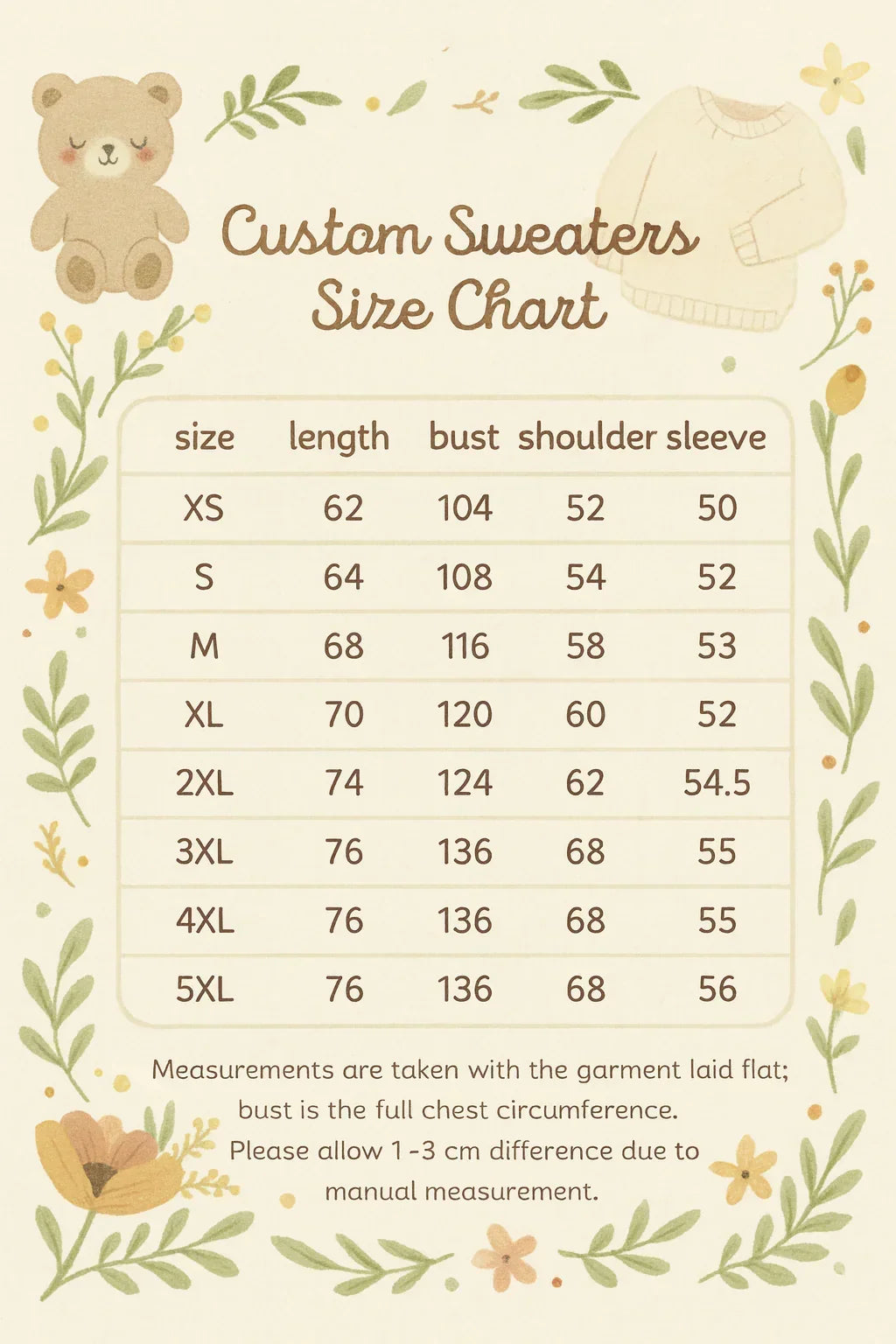 Custom sweaters size chart with floral decorations on a beige background