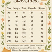 Size chart with cartoon animals and floral elements on a beige background