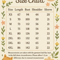 Size chart with cartoon animals and floral elements on a beige background