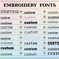 Chart of embroidery fonts with 'custom' text on a light pink background | Rebooters