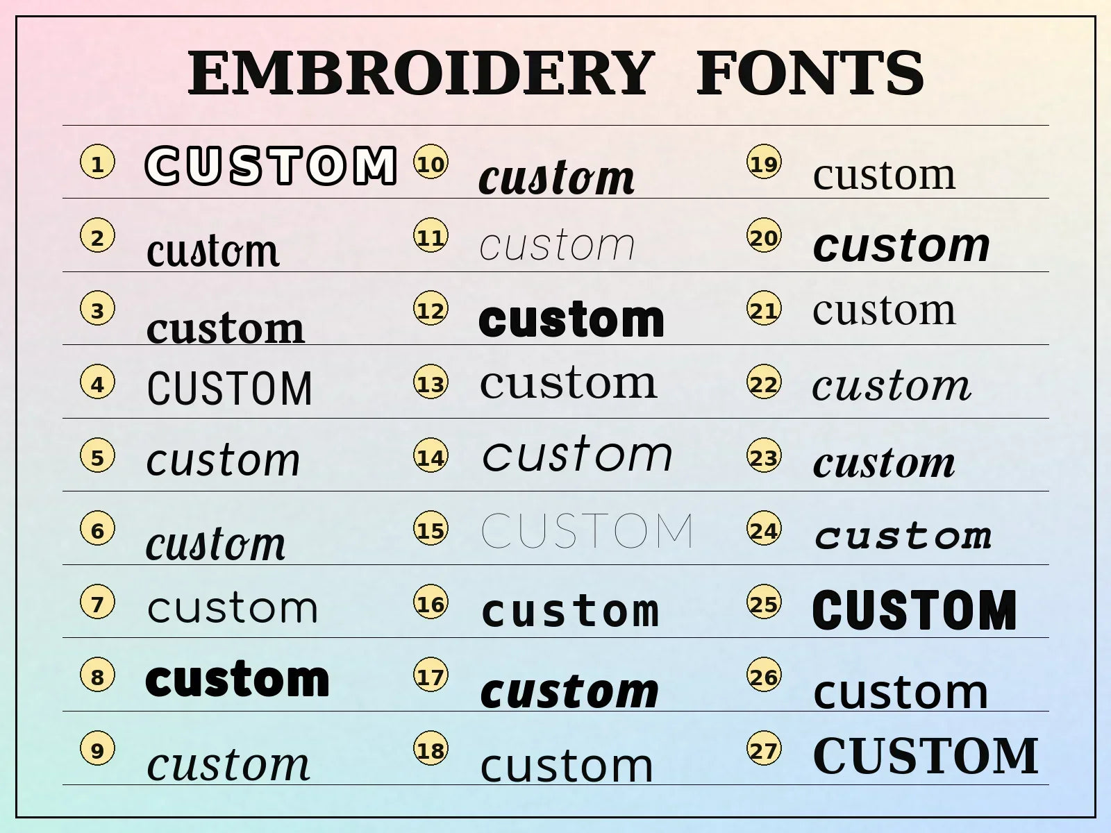 Chart of embroidery fonts with 'custom' text on a light pink background | Rebooters