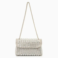Silver crystal embellished evening bag with chain strap on white background