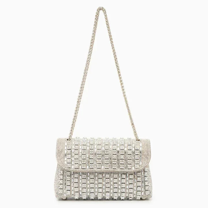 Silver crystal embellished evening bag with chain strap on white background