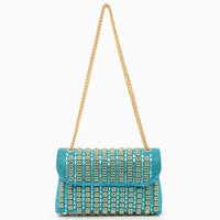 Turquoise beaded clutch bag with gold chain strap and rhinestone embellishments