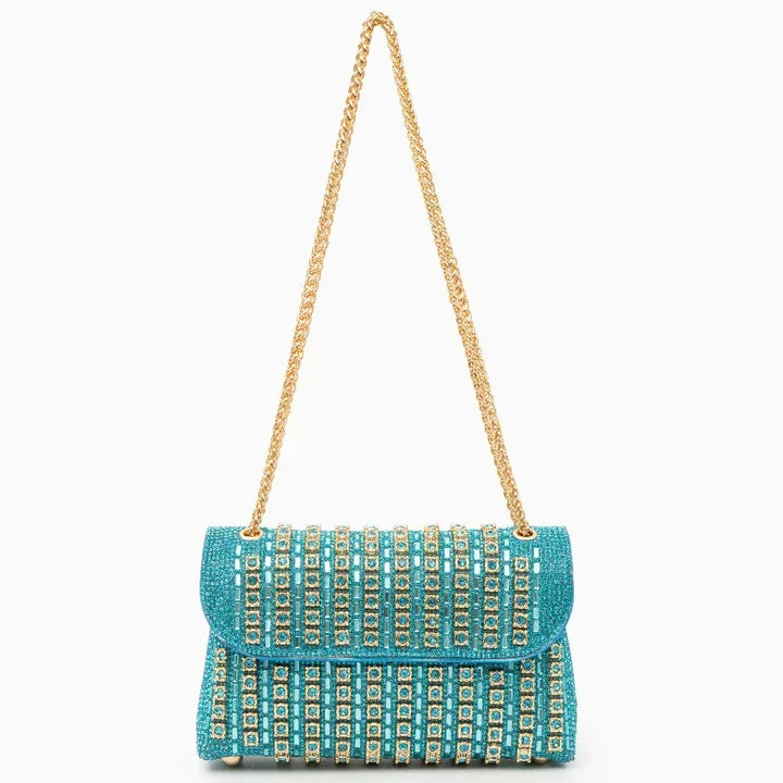 Turquoise beaded clutch bag with gold chain strap and rhinestone embellishments