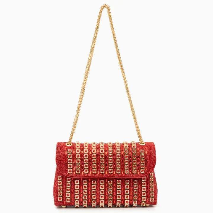 Red embellished evening bag with gold chain strap and square rhinestone accents