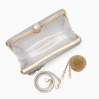 Open silver glitter clutch purse with pearl clasp, gold and silver detachable chains