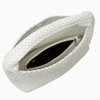 White woven leather hobo bag with zipper pocket, open top view against white background