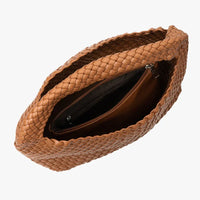 Brown woven leather tote bag with zipper pocket, top view on white background