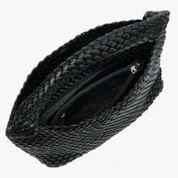 Black woven leather handbag with zippered inner pocket, top view