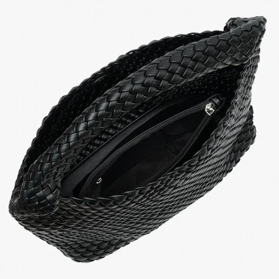 Black woven leather handbag with zippered inner pocket, top view