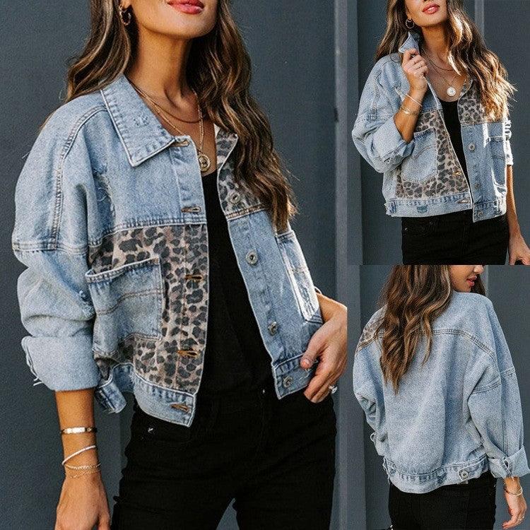 Denim Jackets Women Ladies Leopard Print Patchwork Jean Jacket - Womens Jackets Rebooters