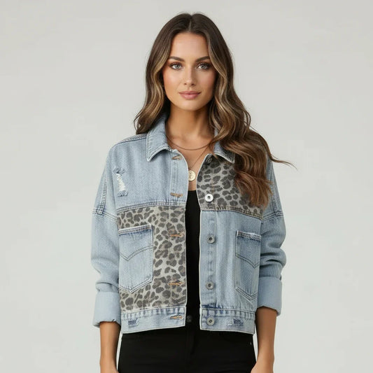 Women's Denim Jacket Leopard Print Patchwork - Rebooters