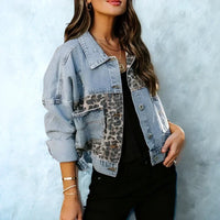 Denim Jackets Women Ladies Leopard Print Patchwork Jean Jacket - Womens Jackets Rebooters