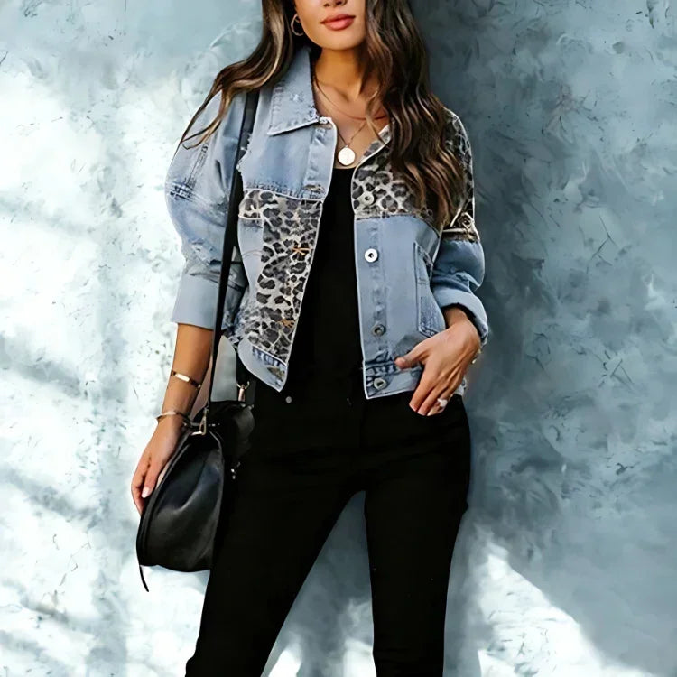 Denim Jackets Women Ladies Leopard Print Patchwork Jean Jacket - Womens Jackets Rebooters