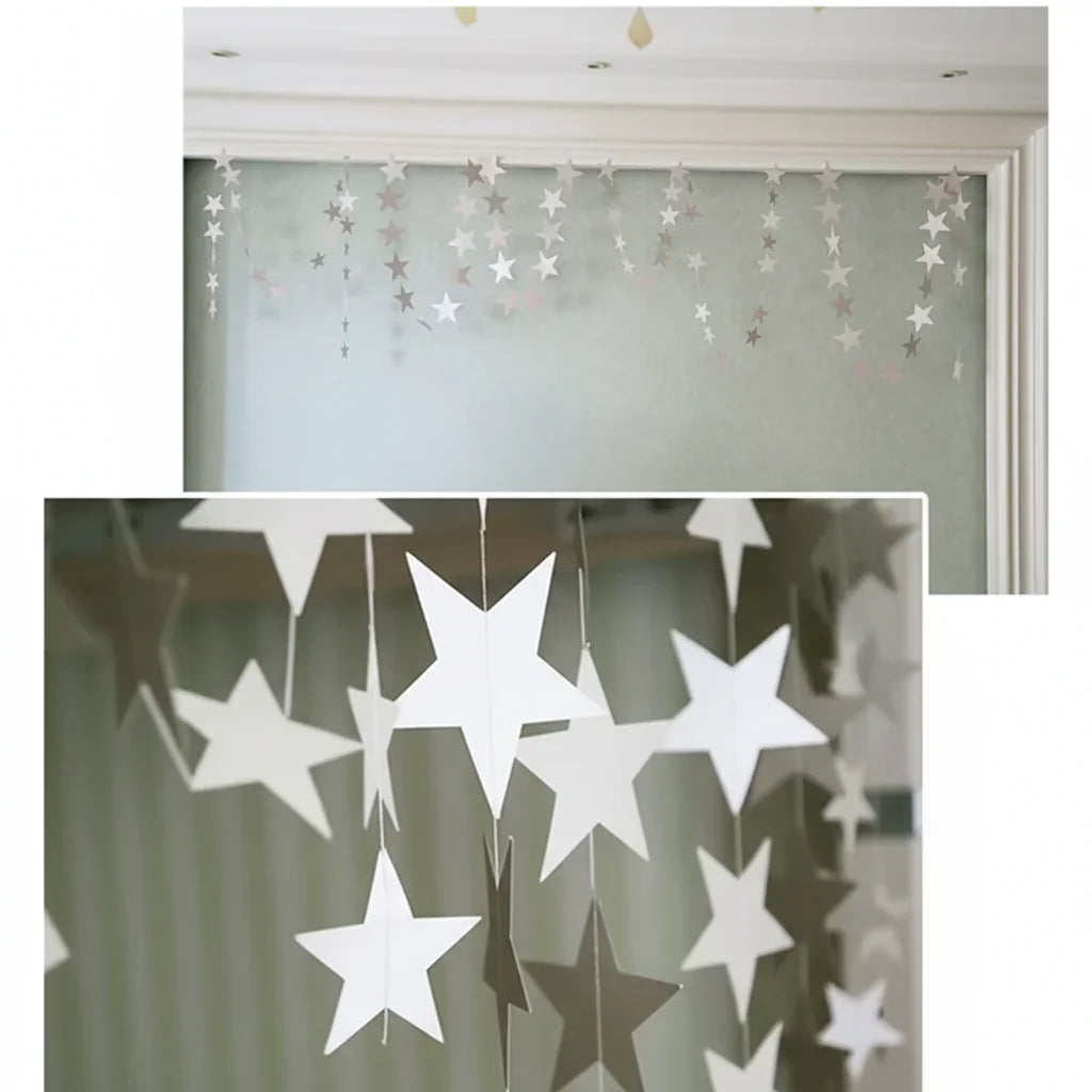 Star-shaped window decorations on a curtain with close-up inset