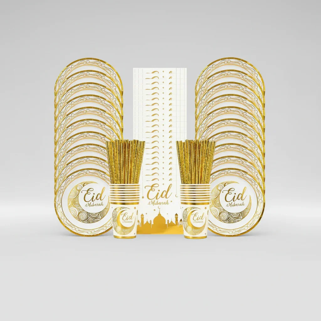 Party supplies set with gold 'Eid Mubarak' plates, cups, napkins, and straws on a white background.