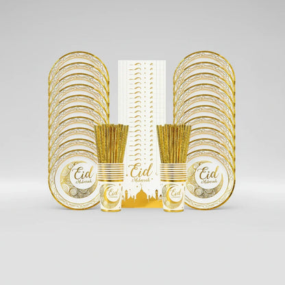 Party supplies set with gold 'Eid Mubarak' plates, cups, napkins, and straws on a white background.