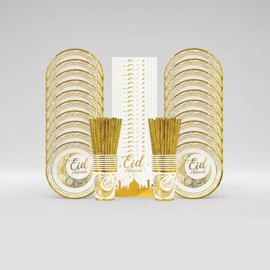 Party supplies set with gold 'Eid Mubarak' plates, cups, napkins, and straws on a white background.