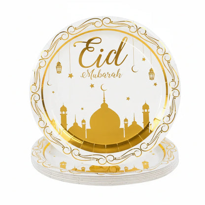 Decorative plate with 'Eid Mubarak' text and gold designs on a white background