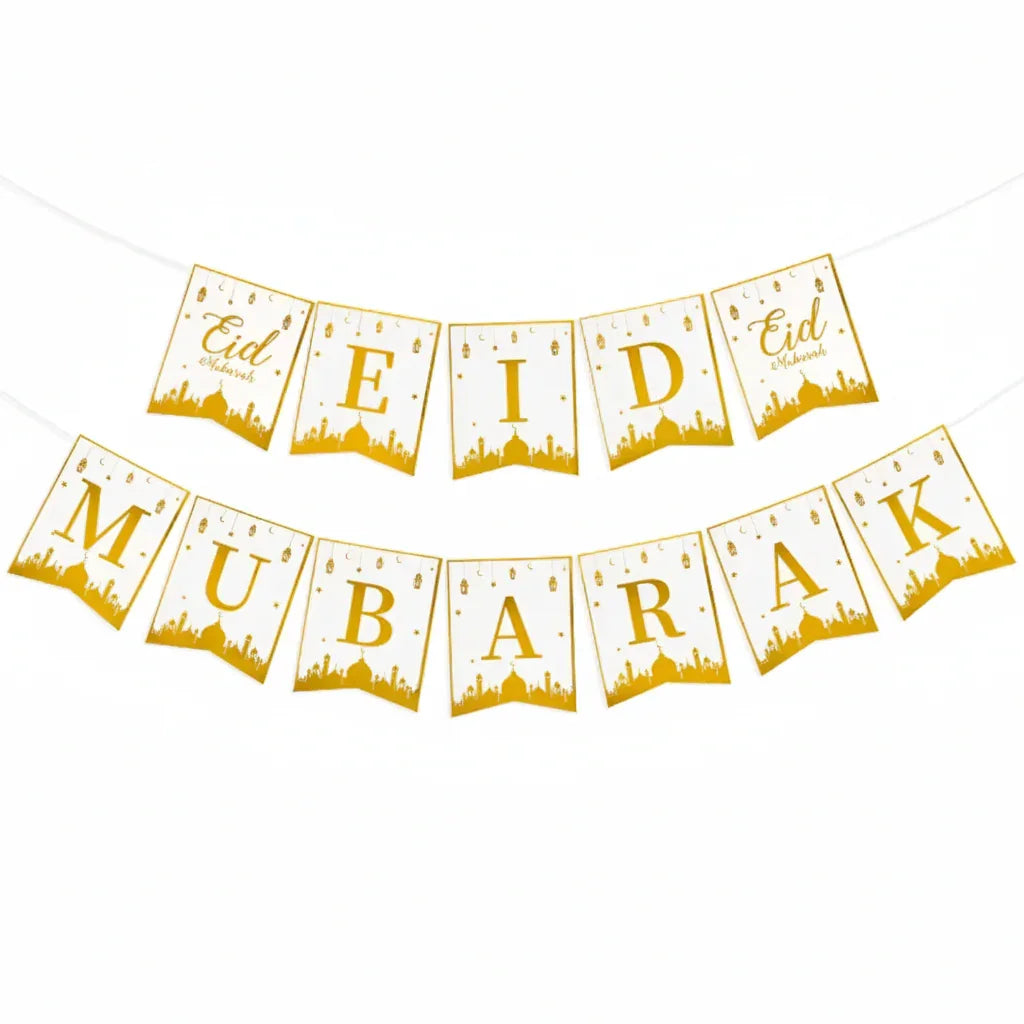 Eid Mubarak banner with gold text on a white background