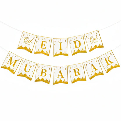 Eid Mubarak banner with gold text on a white background