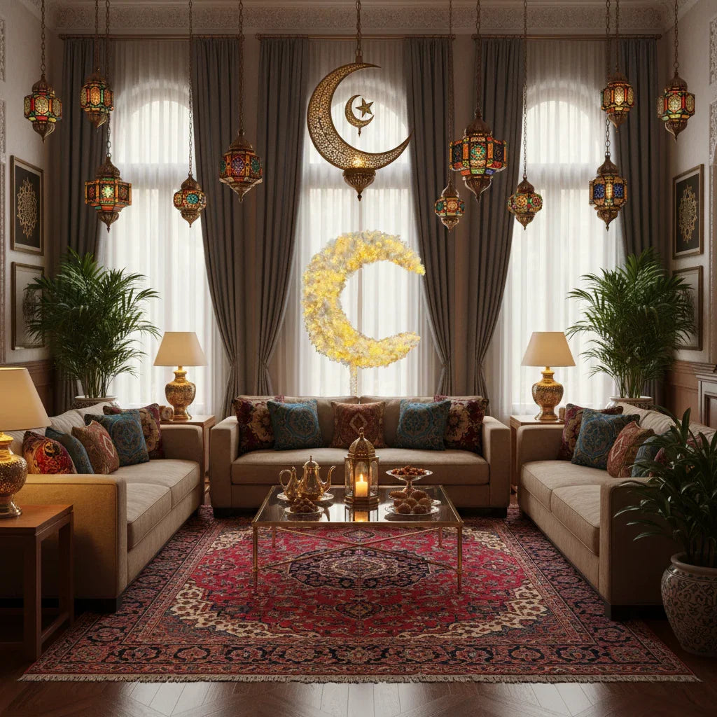 Eid Tree Moon Decorative living room with ornate lamps, patterned rug, and colorful cushions.