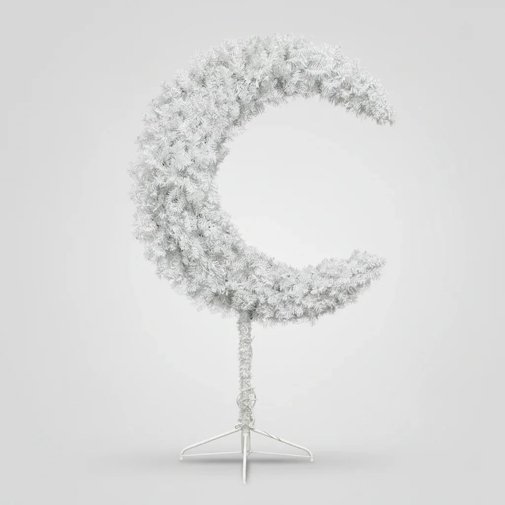 Eid Tree shaped like a crescent moon on a stand against a light gray background