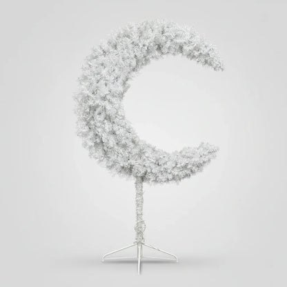 Eid Tree shaped like a crescent moon on a stand against a light gray background