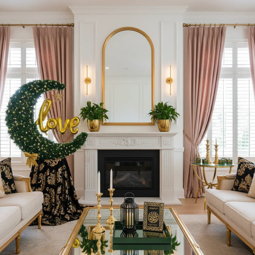 Eid Tree in a Decorative living room with Christmas decorations, gold 'love' sign, and festive wreath.