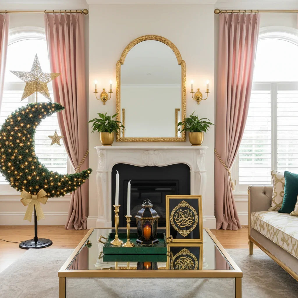 Eid Tree in a Decorative living room with Moon Tree, candles, and a mirror.
