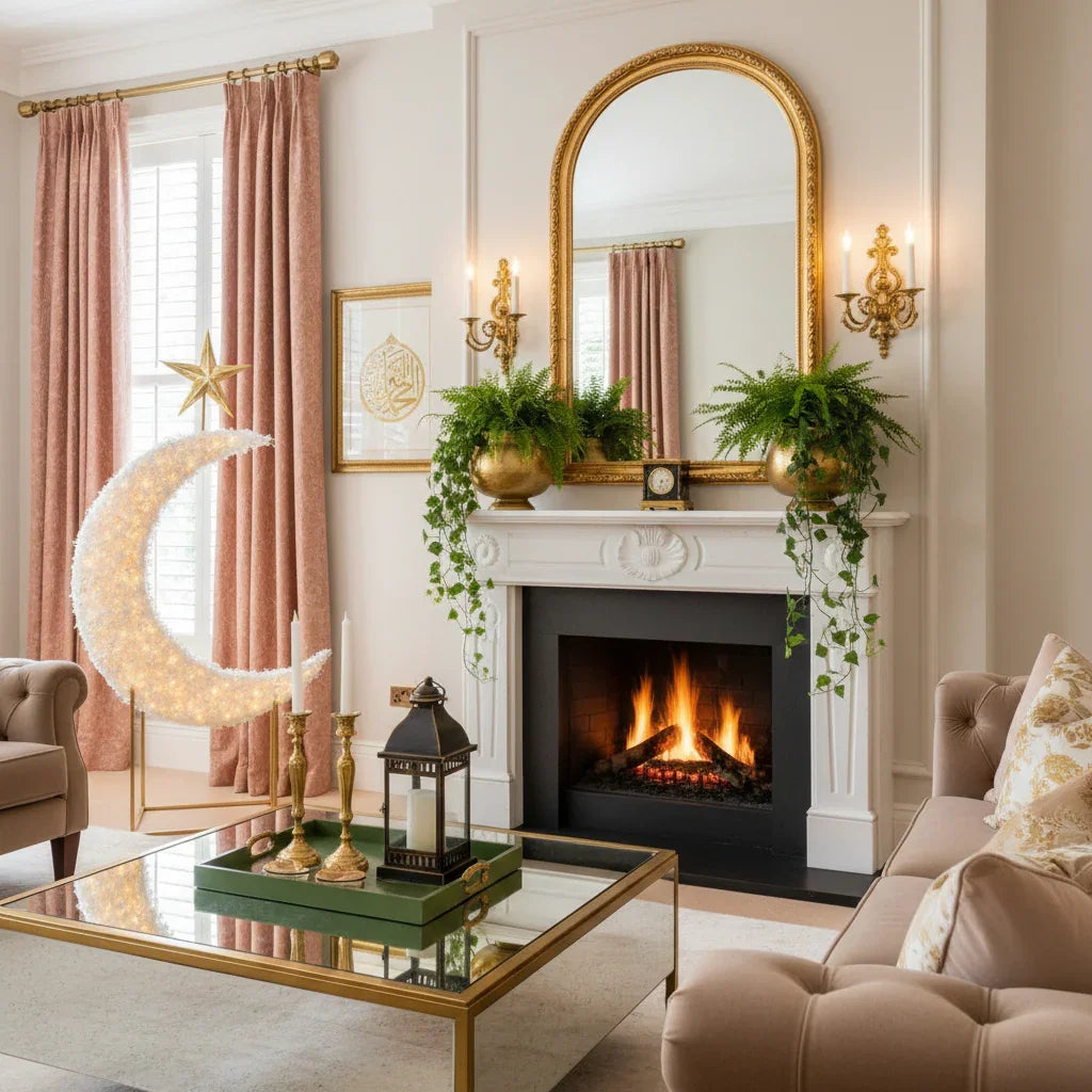 Eid Tree in a Living room with fireplace, decorative mirror, and festive decor.