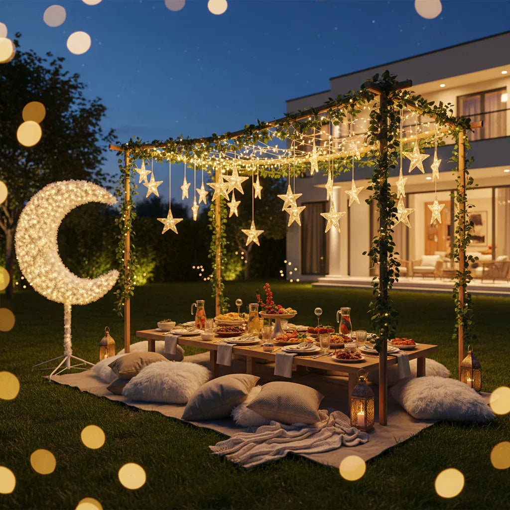Eid Tree in a Evening outdoor setting with a decorated table, string lights, and star decorations.
