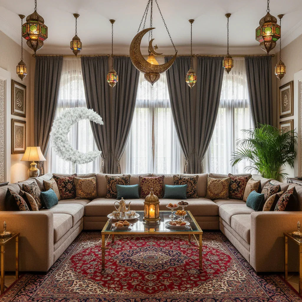 Eid Tree in a Decorative wreath shaped like a crescent moon on a stand against a white background