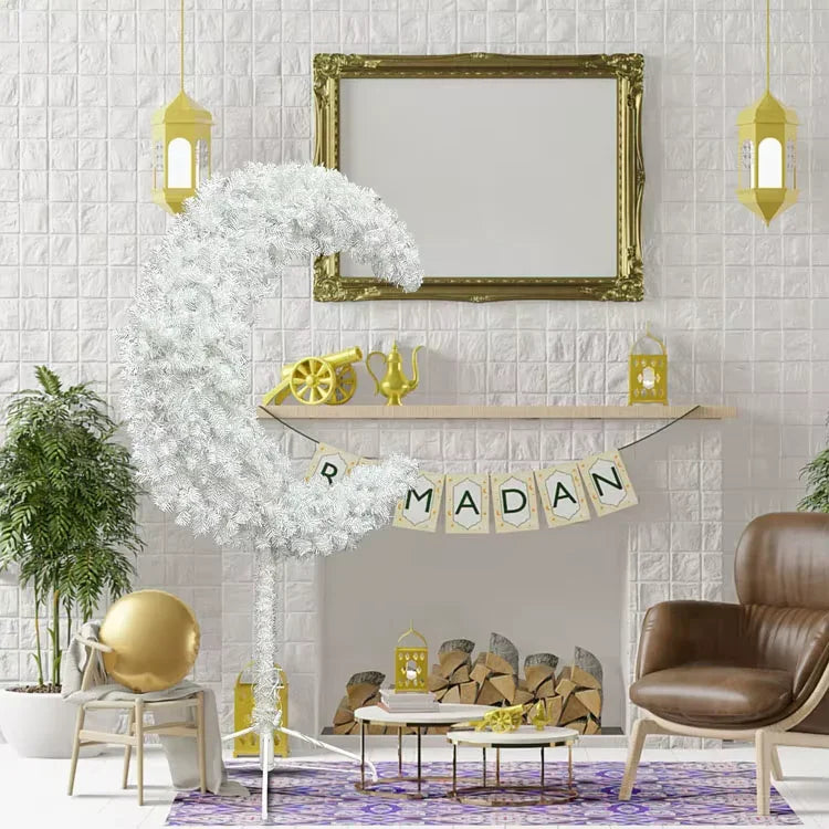 Eid Tree in a Decorative setup with a mirror, plants, and 'Ramadan' banner on a white textured wall.