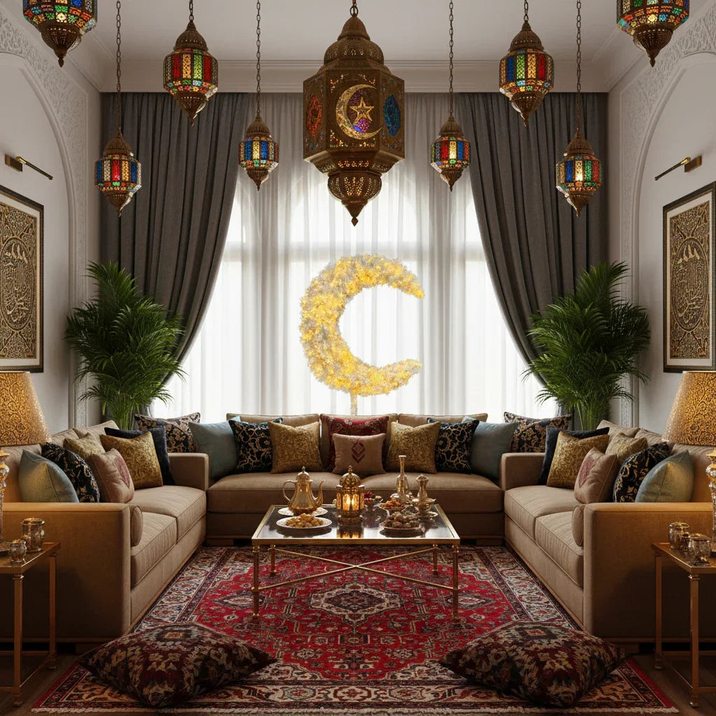 Eid Tree in a Decorative living room with ornate lanterns, a large moon symbol, and patterned rug.
