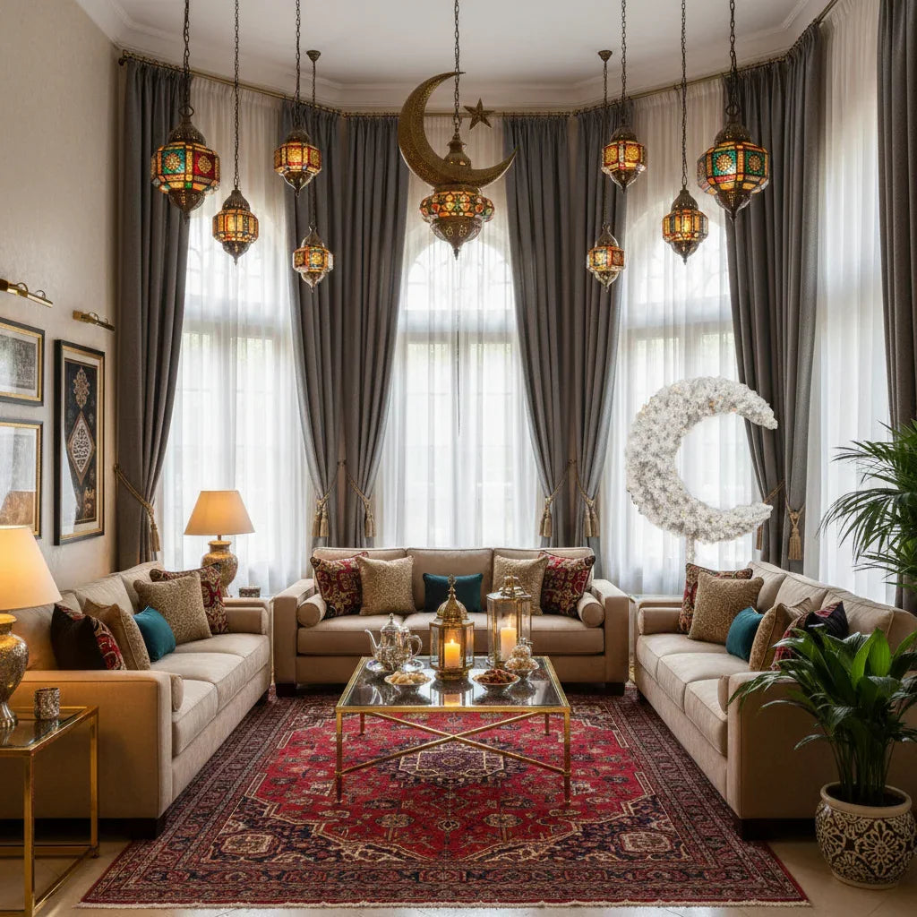 Eid Tree in a Decorative living room with hanging lanterns, a large moon-shaped decoration, and a patterned rug.